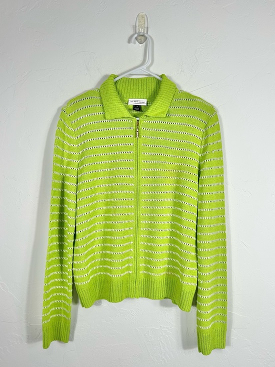 St. John Sweaters - St. John Sport Lime Green White Striped Pointelle Knit Zip Cardigan Sweater